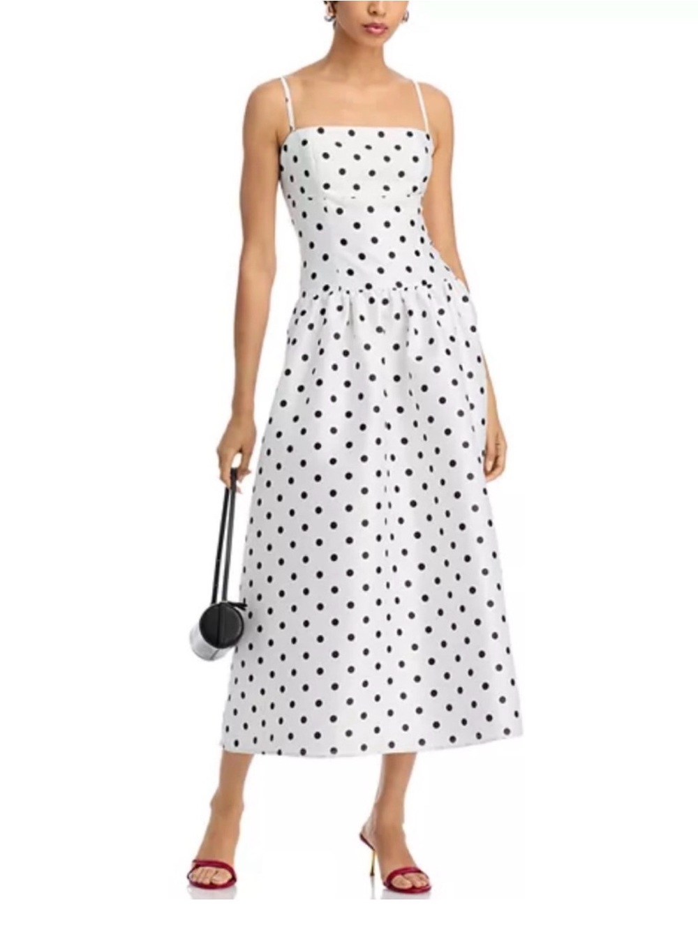 French Connection White and Black Polka Dot Spaghetti Strap Midi Dress